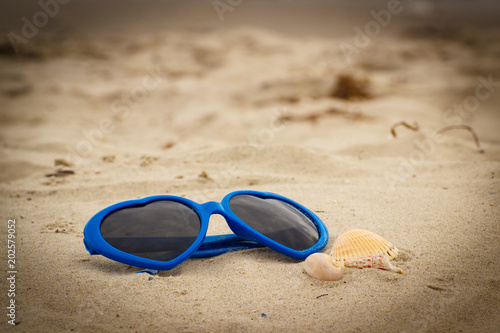 Blue sunglasses shaped heart with shells on sand at beach