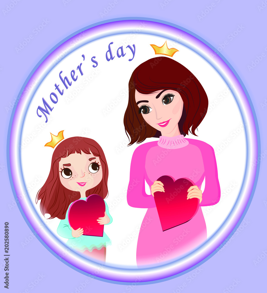 Postcard for Mother's Day. Mother and daughter. A happy family	