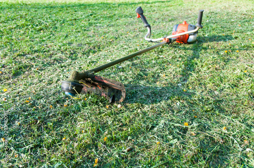 Gasoline trimmer close up shot on cutted grass, morning light.