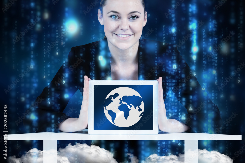 Φωτογραφία Businesswoman sitting at desk showing tablet against lines of blue blurred lette