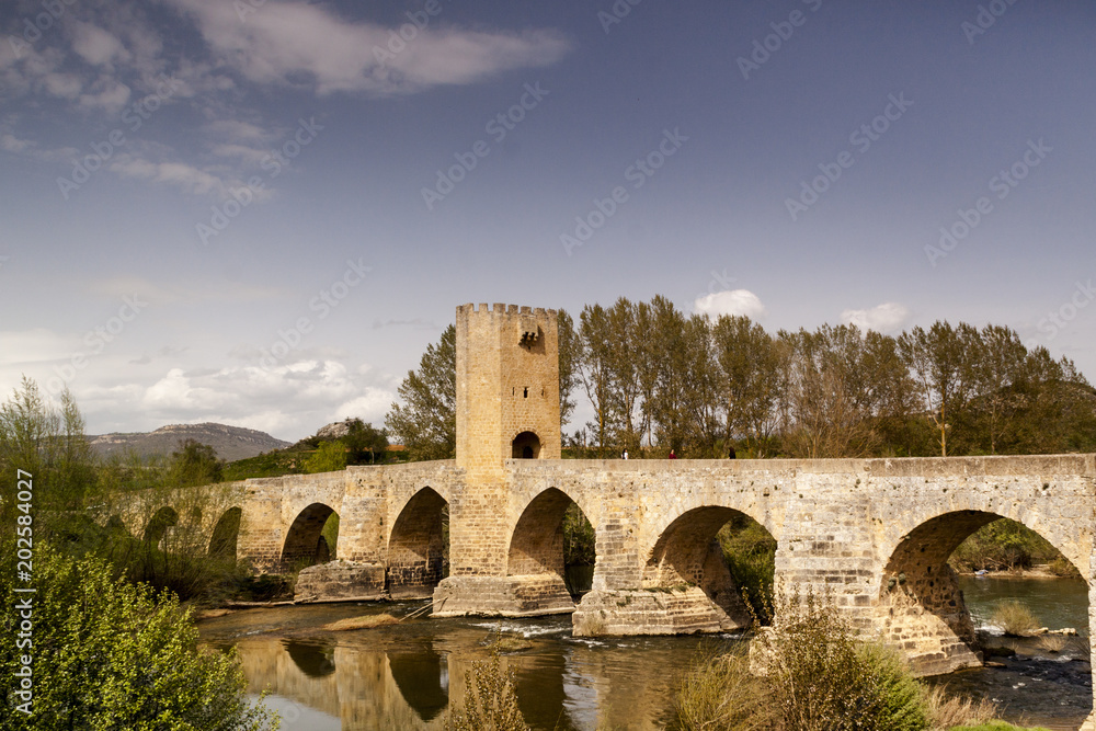 Medieval bridge over the river Ebro. Village of Frias in Burgos, Castilla y León. Spain