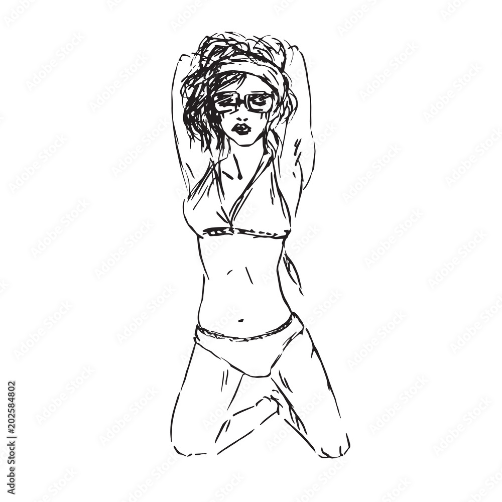 Portrait of sexy retro pin up girl in bikini and sunglasses posing with hands on hair, hand drawn outline doodle, sketch in pop art style, black and white vector illustration