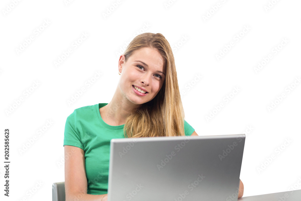 Student on laptop against white background with vignette Student on laptop against white background with vignette