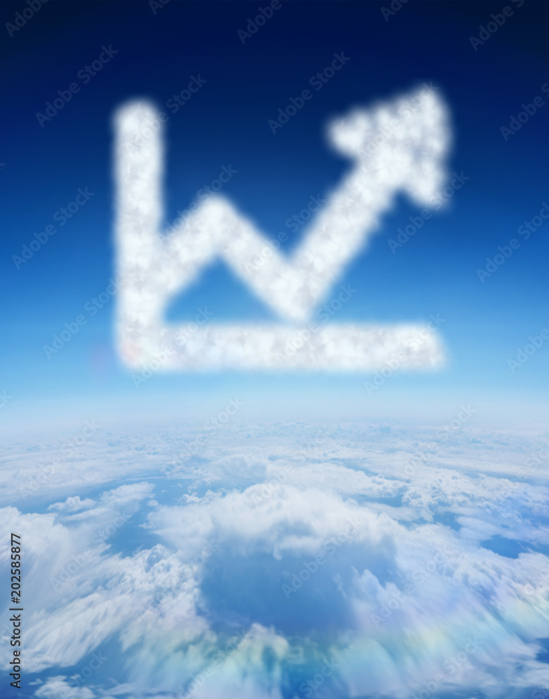 Cloud in shape of graph with arrow against blue sky over clouds at high altitude Cloud in shape of graph with arrow against blue sky over clouds at high altitude