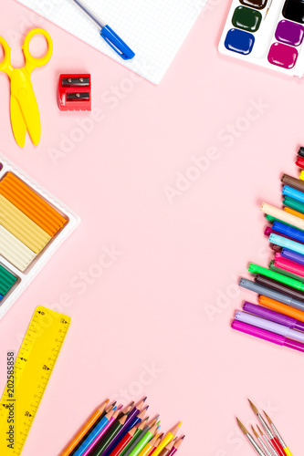 School supplies arrangement. Back to school concept, copy space