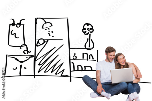 Young couple using laptop on floor against bathroom sketch