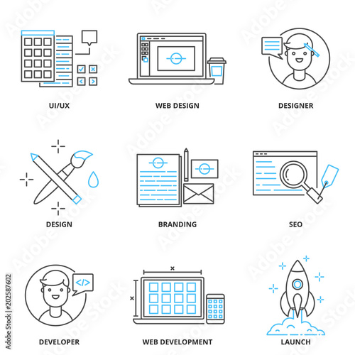 Web development and design vector icons set, outline style