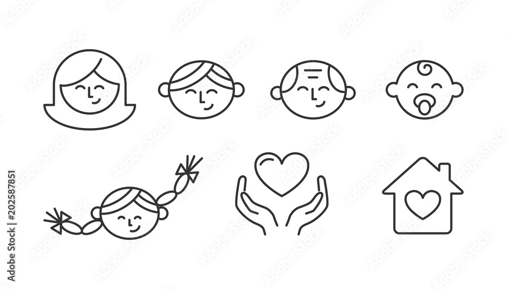 Family set of vector icons outline style