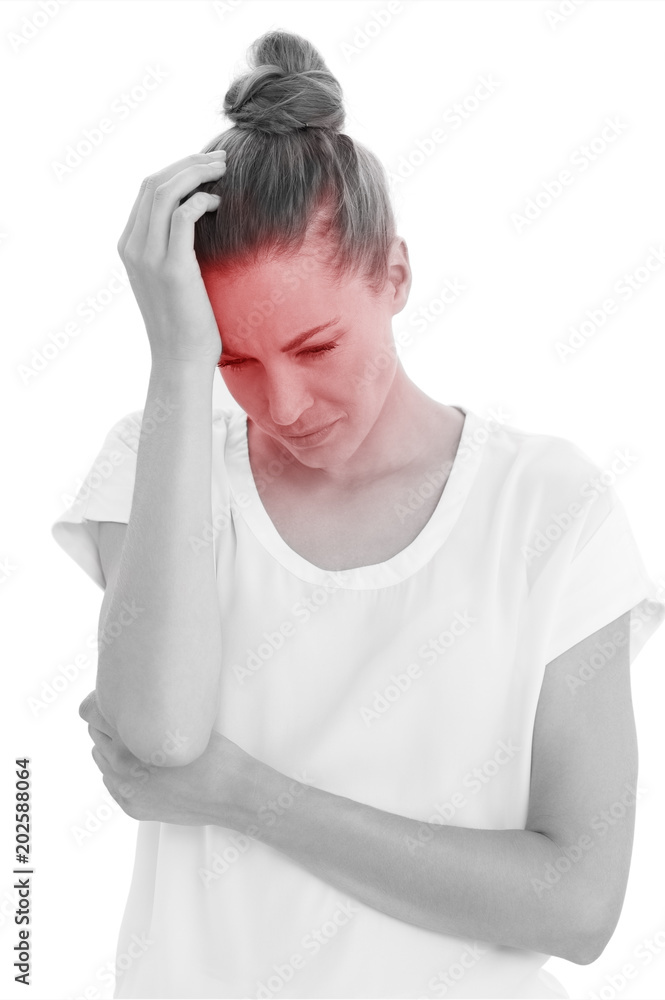 Frowning woman with a headache on white background Frowning woman with a headache on white background