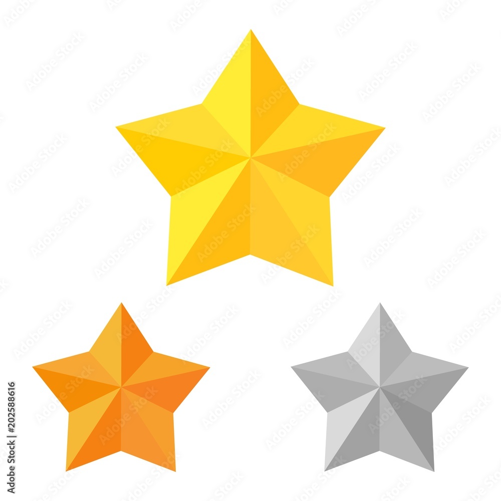 Color image of gold, bronze and silver stars on a white background. Set of victory and competition symbols. Vector illustration Color image of gold, bronze and silver stars on a white background. Set of victory and competition symbols. Vector illustration
