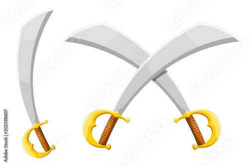 Colorful cartoon style image of a pirate saber on a white background. Crossed pirate sabers isolated object. Vector illustration