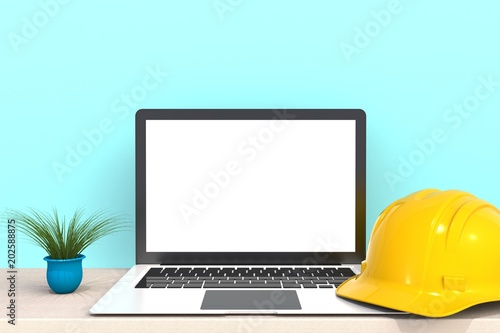 Computer Network Connection Digital Technology, Safety helmet with laptop computer white blank screen on wood work table front view, Isolated on blue background, 3D rendering