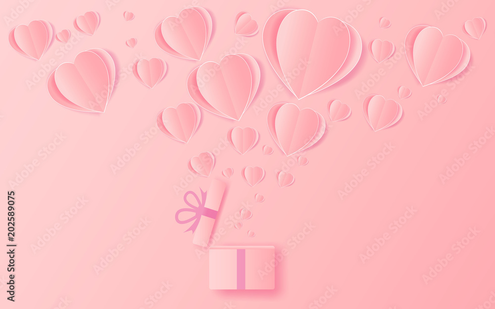  Valentines hearts with gift box paper on vector abstract background