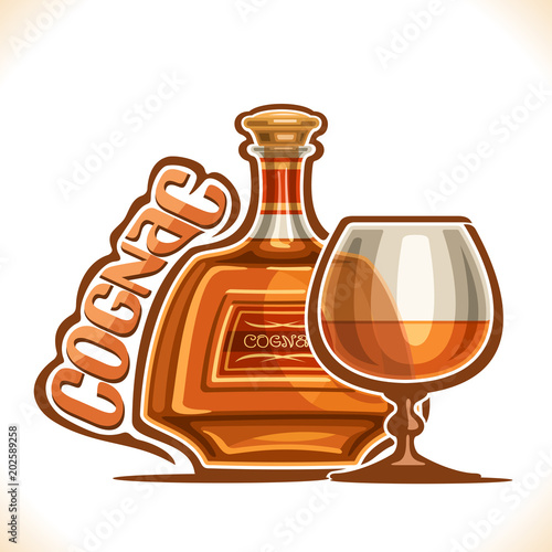 Vector illustration of alcohol drink Cognac, poster with bottle of premium french brandy and half full snifter glass, original typeface for word cognac, design contour composition for bar menu.