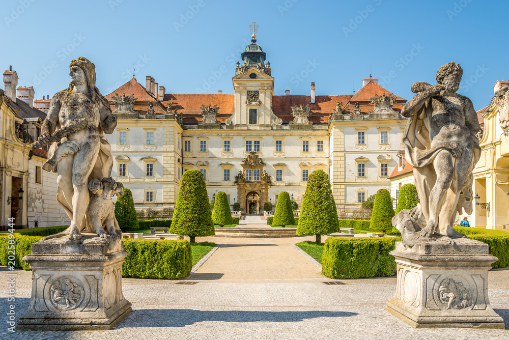 View at the Valtice castle with statues in Czech republic, Moravia