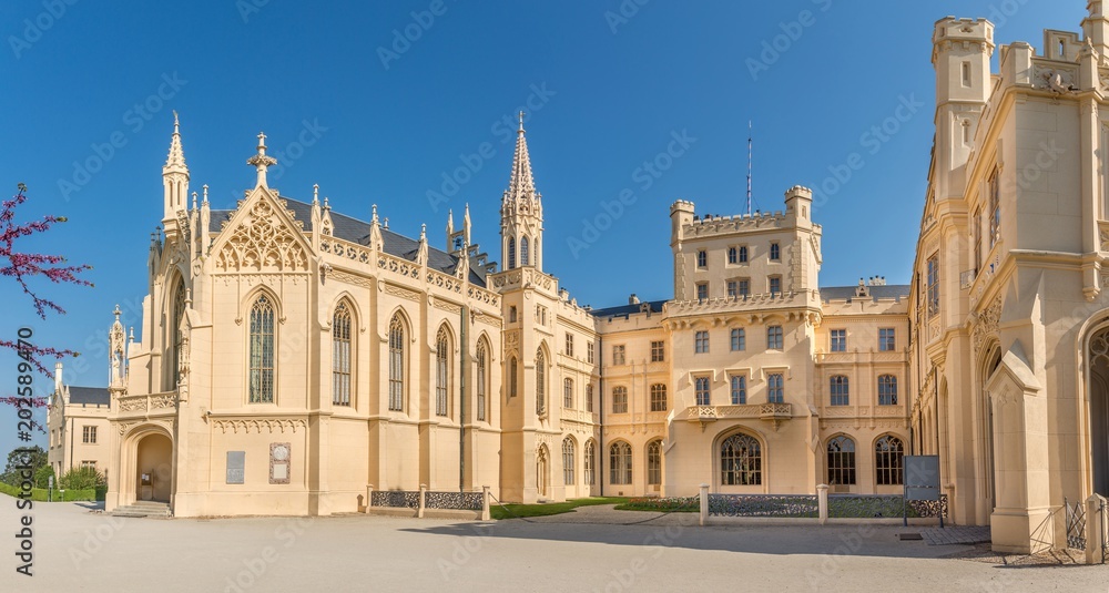 View at the facade of Lednice castle and St.Jakub chapel - Czech republic,Moravia
