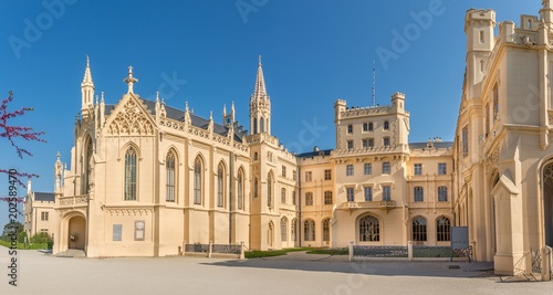 View at the facade of Lednice castle and St.Jakub chapel - Czech republic,Moravia