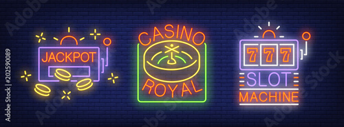 Jackpot, casino royal, slot machine neon sign set. Logo collection with roulette and chips. Night bright advertisements. Vector illustrations for casino