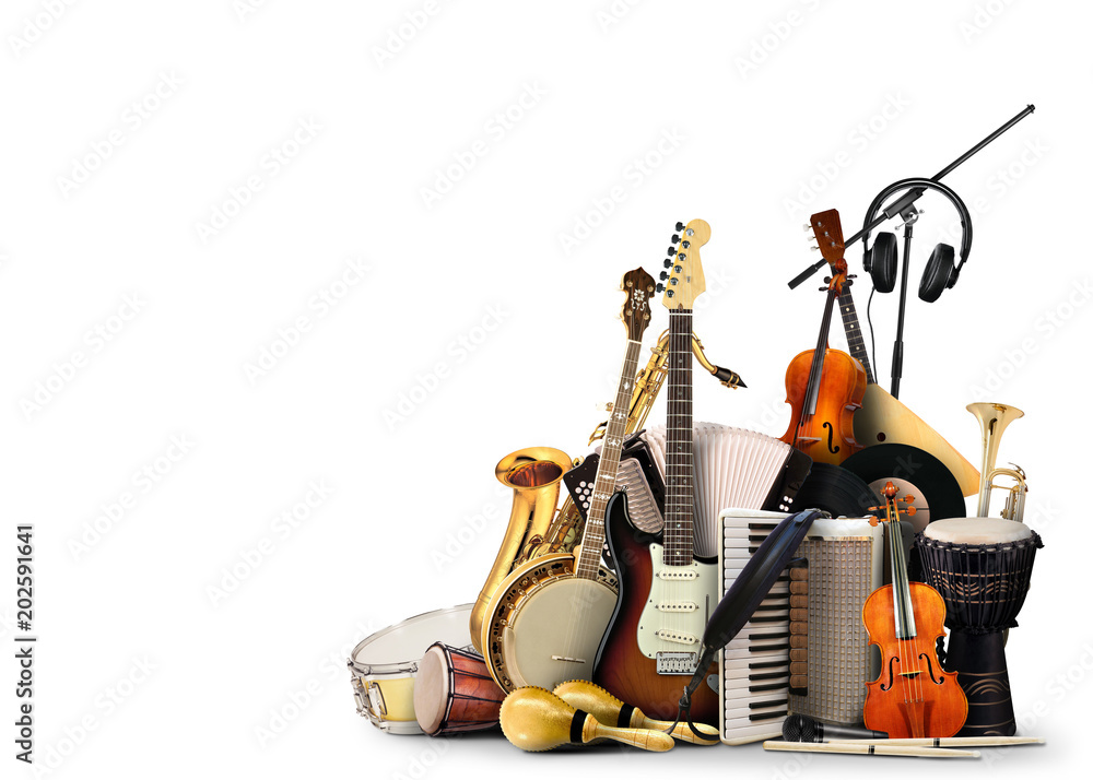 Naklejka premium Instrumenty muzyczne, orkiestra lub kolaż muzyki