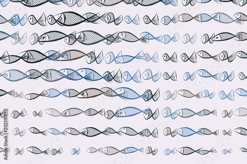Abstract illustrations of fish, conceptual pattern. Drawing, color, hand-drawn & effect.