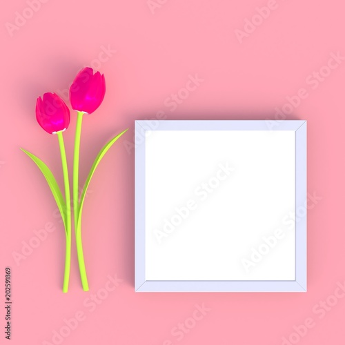 Pink flower with blank white picture frame abstract minimal pink background, Nature concept, 3d rendering © krung99
