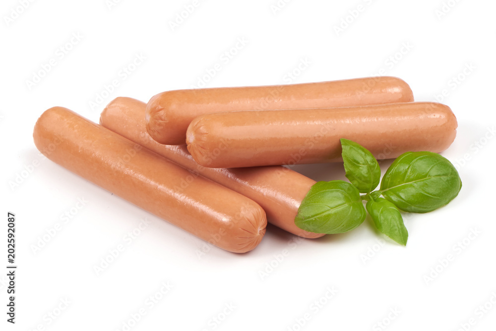 Boiled sausages with basil, isolated on white background. Boiled sausages with basil, isolated on white background.
