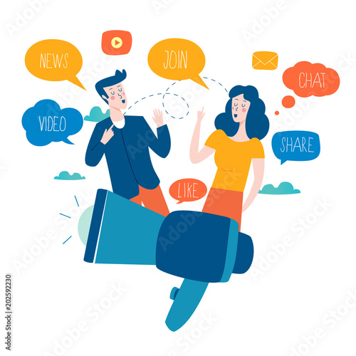 Social media, networking, chatting, texting, communication, online community, posts, comments, news flat vector illustration. People with speech bubbles. Design for mobile and web graphics