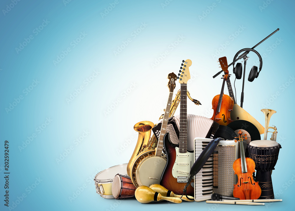 Naklejka premium Instrumenty muzyczne, orkiestra lub kolaż muzyki