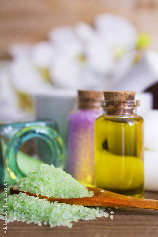 Spa and relaxation concept. oils and bath salts