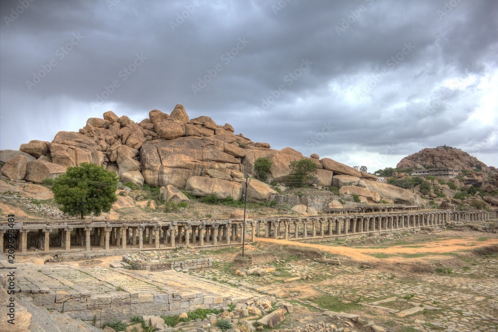 The ruins of Krishna bazar in Hampi which was a prime market for the Vijayananagara empire in the 17th century, now a UNESCO World Heritage Site