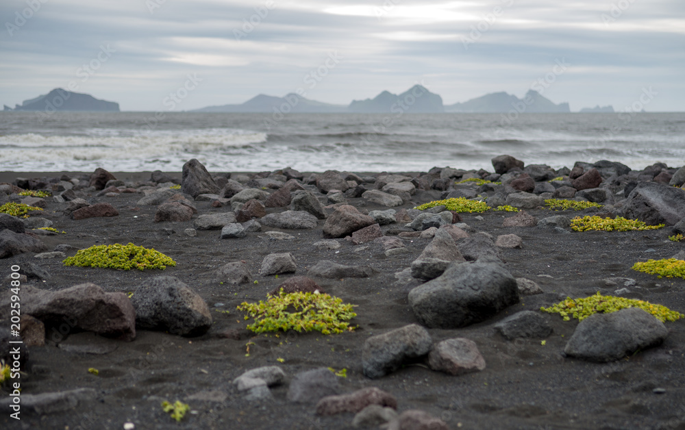 Iceland southern coast with black  beach Landeyjarsandur and Vestmannaeyjar islands. The Westman Islands in the background
