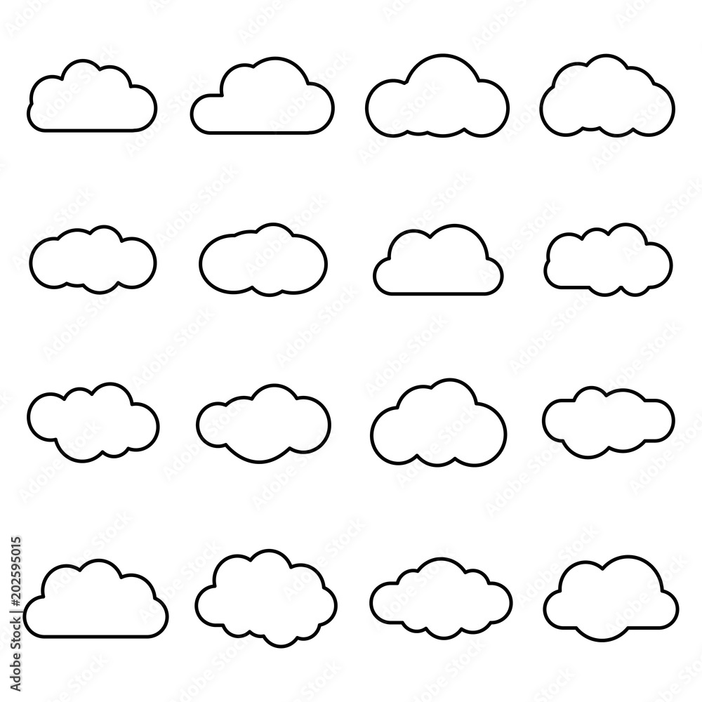 Clouds line art icon isolated on white background. Storage solution element, databases, networking, software image, cloud and meteorology concept. Clouds line art icon isolated on white background. Storage solution element, databases, networking, software image, cloud and meteorology concept.