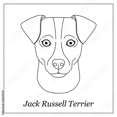 Isolated black outline head of jack russell terrier on white background. Line cartoon breed dog portrait.