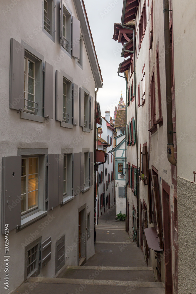 Narrow alleyway in the Old Town of Basel, Switzerland