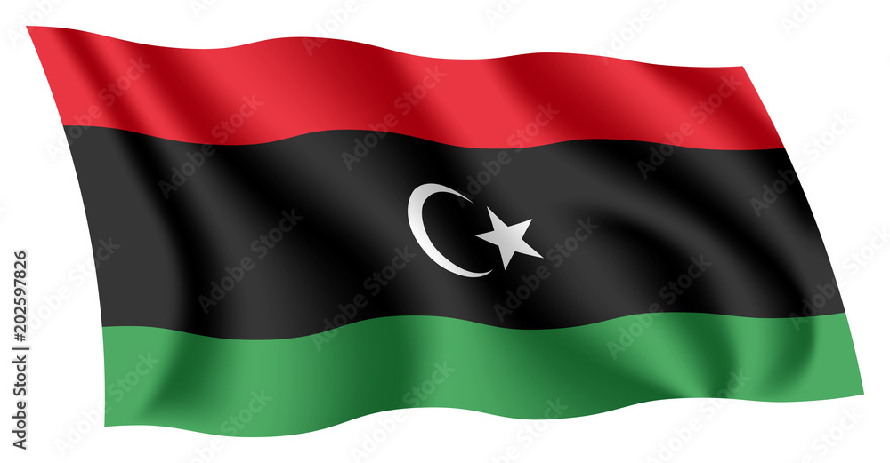 Libya flag. Isolated national flag of Libya. Waving flag of the State of Libya. Fluttering textile libyan flag. Libya flag. Isolated national flag of Libya. Waving flag of the State of Libya. Fluttering textile libyan flag.