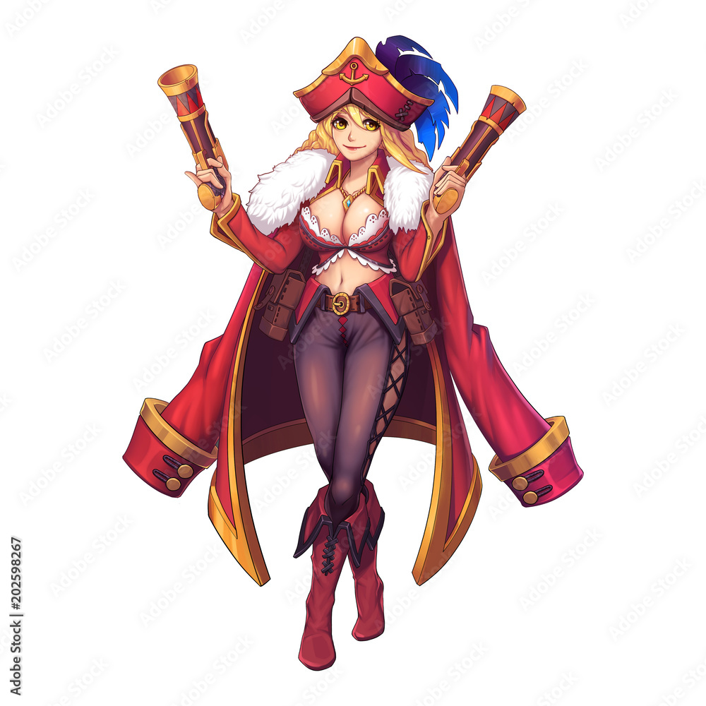 Sexy Hot Beautiful Twin Blaster Pirate Girl with Anime and Cartoon Style  isolated on White Background. Video Game's Digital CG Artwork, Concept  Illustration, Realistic Cartoon Style Character Design Stock Illustration |  Adobe