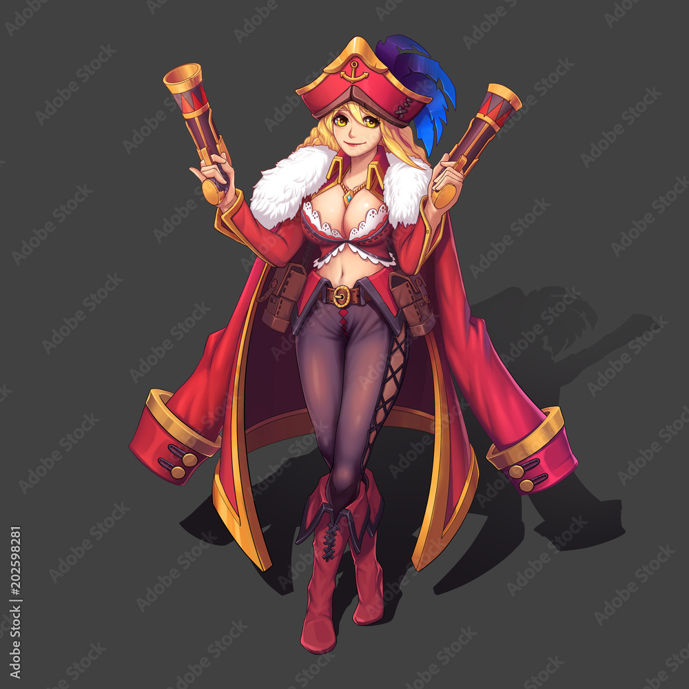 Sexy Hot Beautiful Twin Blaster Pirate Girl with Anime and Cartoon Style  isolated on Gray Background. Video Game's Digital CG Artwork, Concept  Illustration, Realistic Cartoon Style Character Design Stock Illustration |  Adobe
