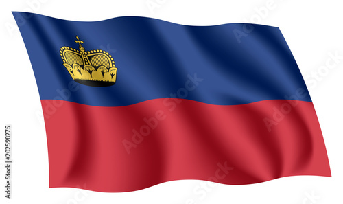 Liechtenstein flag. Isolated national flag of Liechtenstein. Waving flag of the Principality of Liechtenstein. Fluttering textile flag.