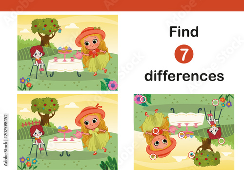 Find 7 differences education game for children. Tea party.(Vector illustration)