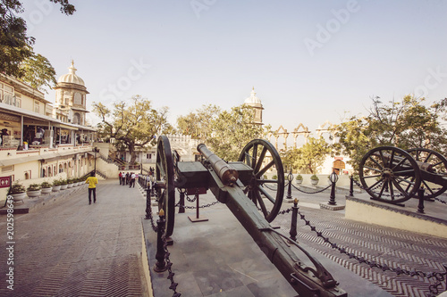 Historical canon at entrance of Udaipur City Palace - Udaipur, India, February 9, 2018