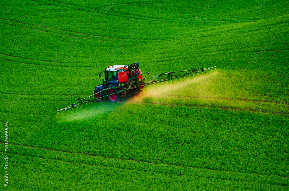 Fototapeta premium Farm machinery spraying insecticide to the green field, agricultural natural seasonal spring background