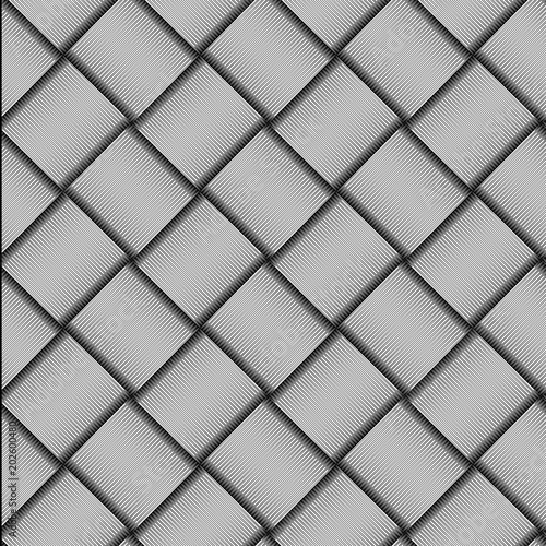 Seamless checkered diagonal pattern with grunge striped intersecting square elements. Monochrome geometric vectorial pattern. The effect of optical illusion.