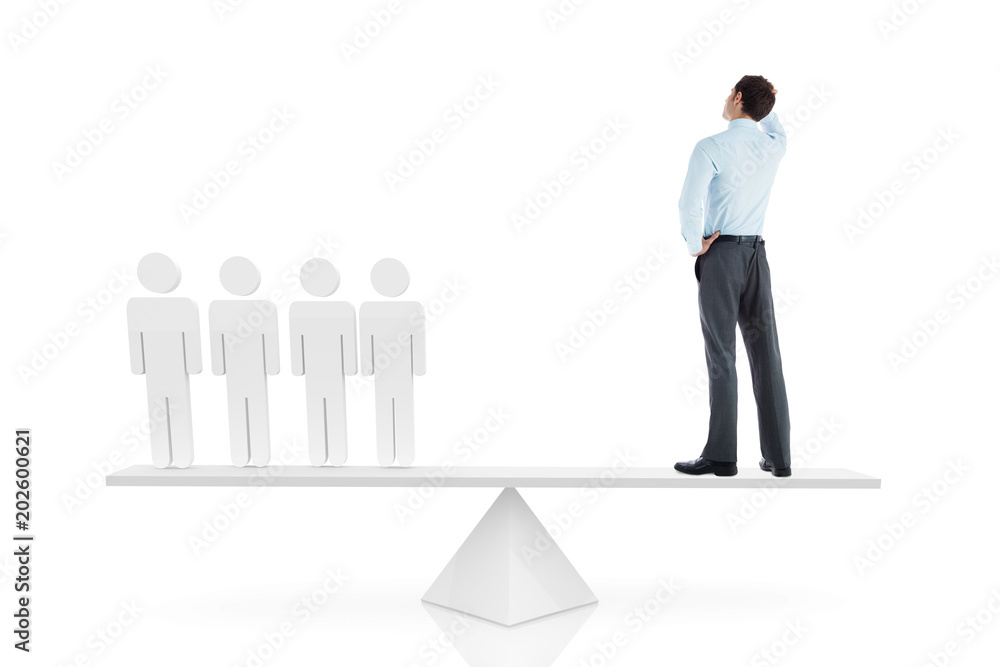 Scales weighing thinking businessman and stick men on white background Scales weighing thinking businessman and stick men on white background