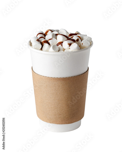 Cacao drink with marshmallows in paper cup