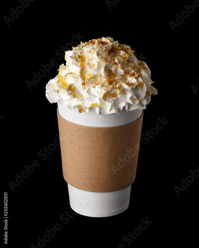 Coffee drink with whipped cream in paper cup photo