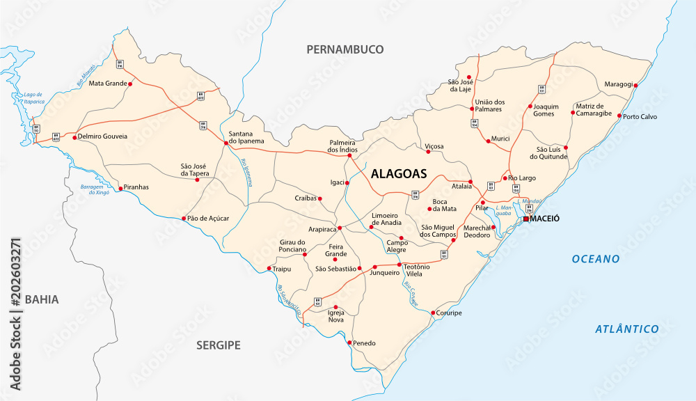 alagoas road vector map, brazil