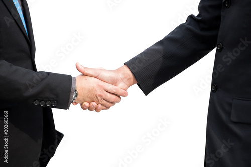 Hand shake between a businessman and partnership on white background. isolated