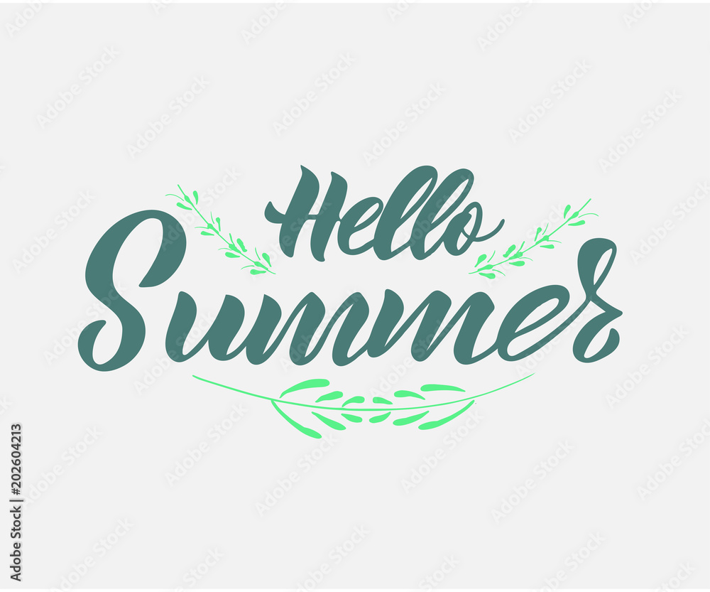 Hand lettering vector Hello Summer Sale on black background with leaves. As template of logotype, label, icon, tag, banner, print. Inscription for packing product to store, for journal, flyer. Hand lettering vector Hello Summer Sale on black background with leaves. As template of logotype, label, icon, tag, banner, print. Inscription for packing product to store, for journal, flyer.