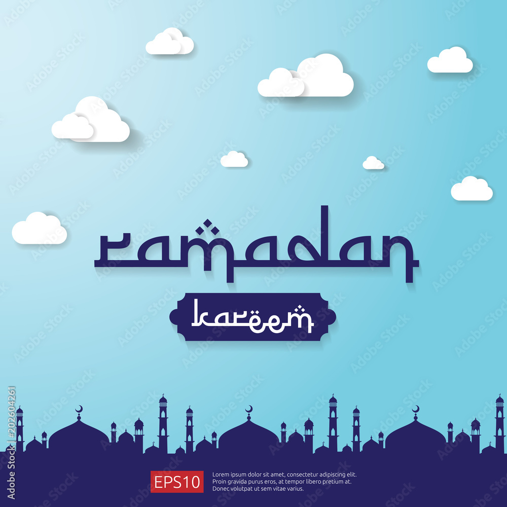 Ramadan Kareem islamic greeting design with dome mosque element in flat style. background Vector illustration.