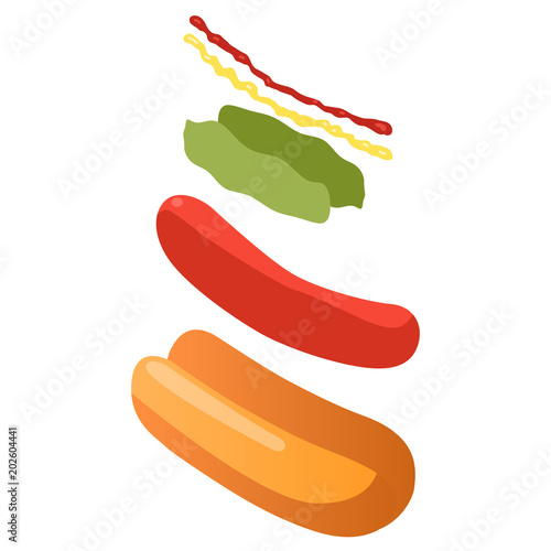 Explode hotdog ingredients isometric view, fastfood concept